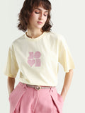 Rareism Women's Zesley Light Yellow Cotton Half Sleeve Boxy Typography Print T-Shirt