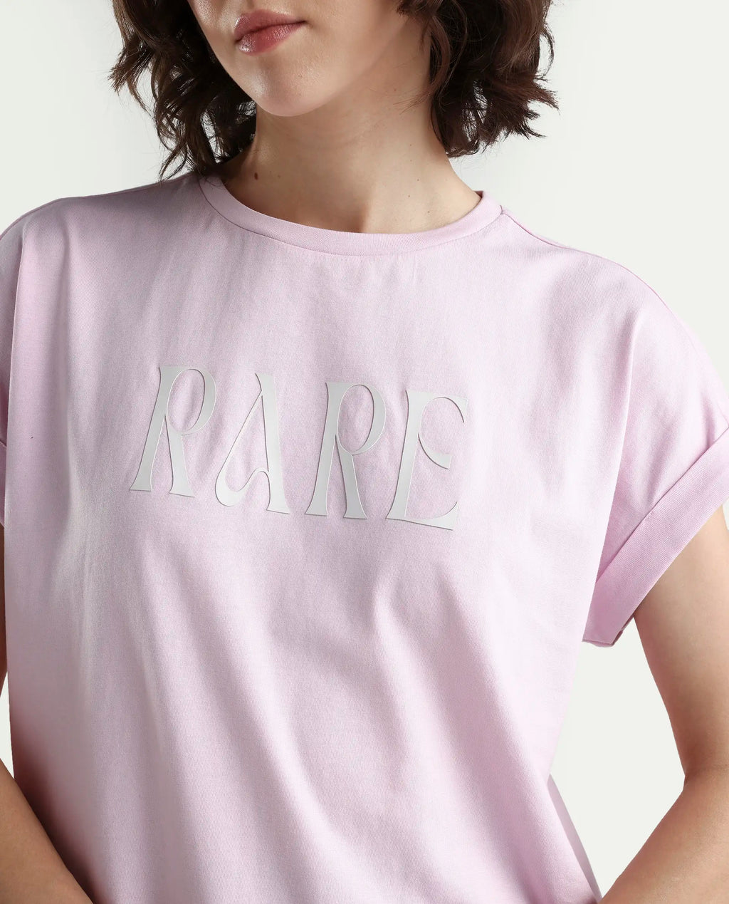 Rareism Women's Bhars Light Pink Cotton Half Sleeve Regular Fit Printed T-Shirt