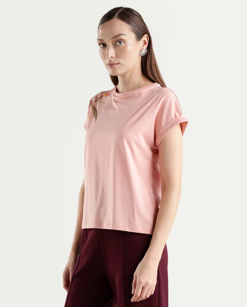 Rareism Women's Zany Peach Cotton Blend Half Sleeve Relaxed Fit Printed T-Shirt