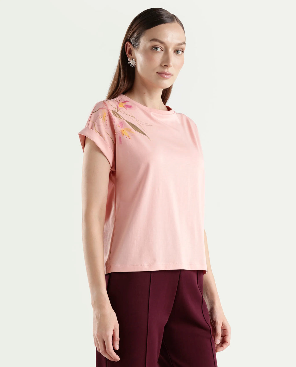 Rareism Women's Zany Peach Cotton Blend Half Sleeve Relaxed Fit Printed T-Shirt