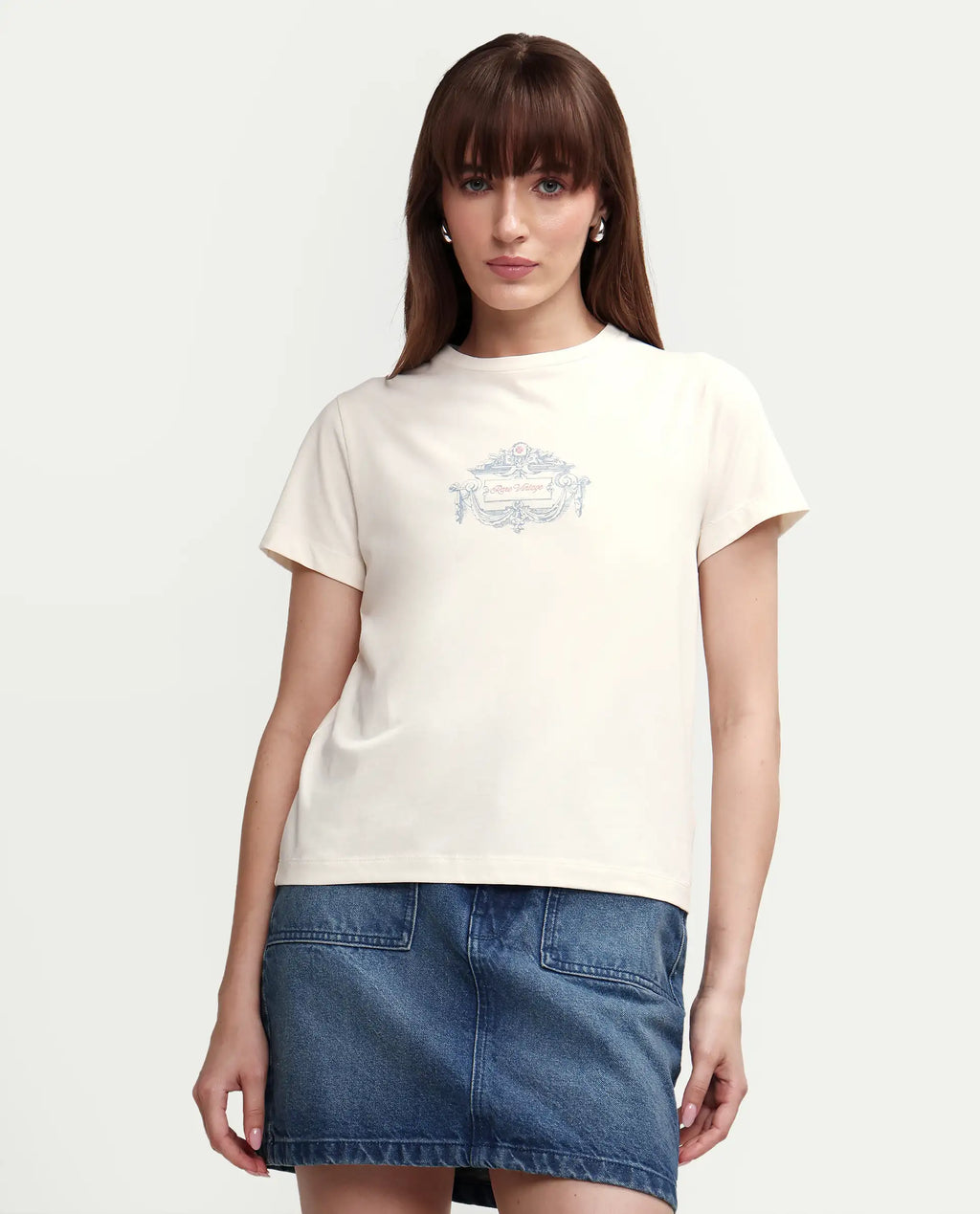 Rareism Women's Zive Off White Cotton Blend Half Sleeve Regular Fit Pigment Print T-Shirt