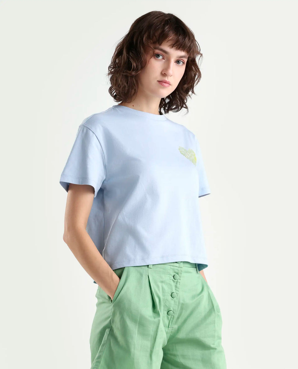 Rareism Women's Zaron Light Blue Cotton Half Sleeve Relaxed Fit Hd Print T-Shirt