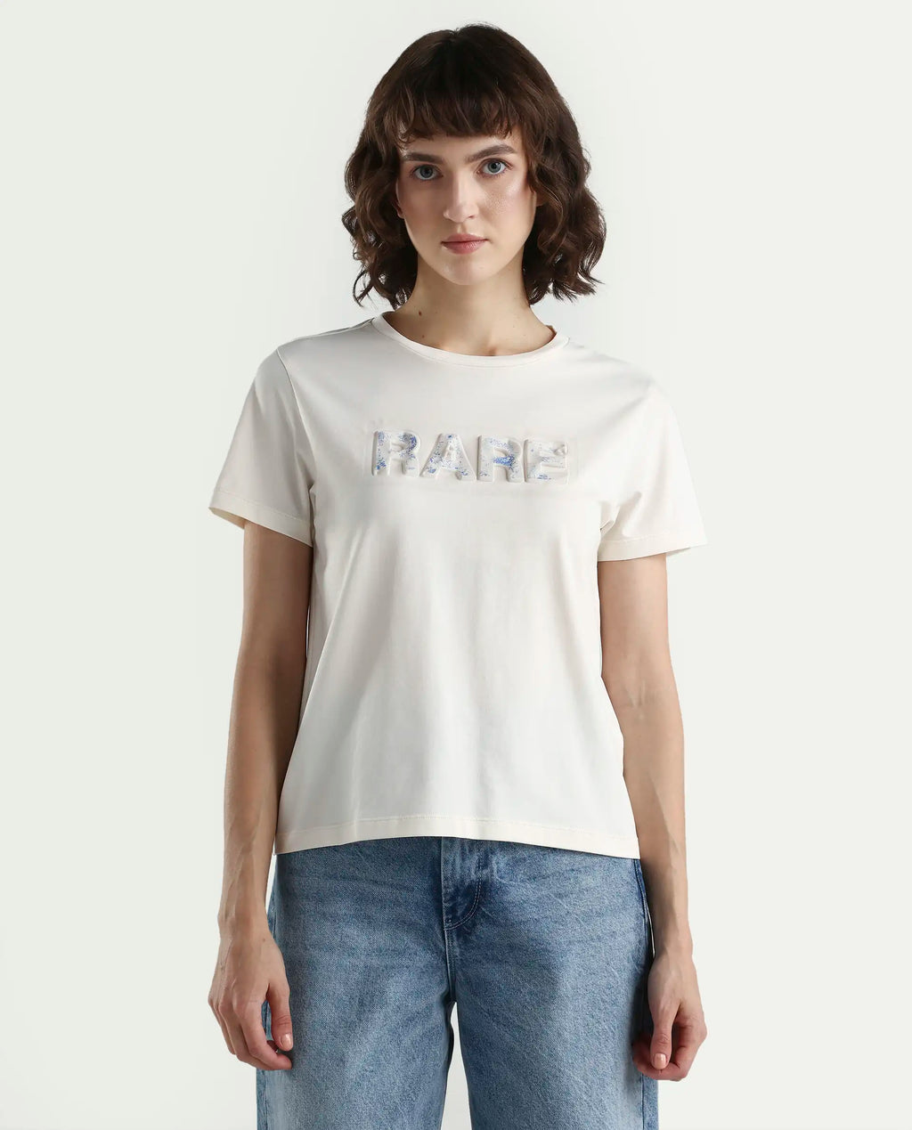Rareism Women's Zen Off White Cotton Blend Half Sleeve Regular Fit Printed T-Shirt