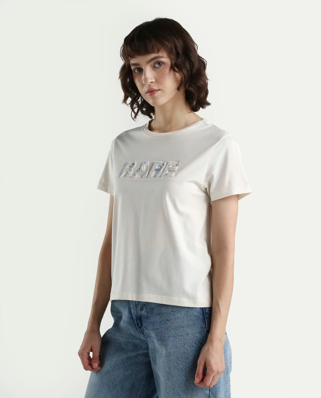 Rareism Women's Zen Off White Cotton Blend Half Sleeve Regular Fit Printed T-Shirt