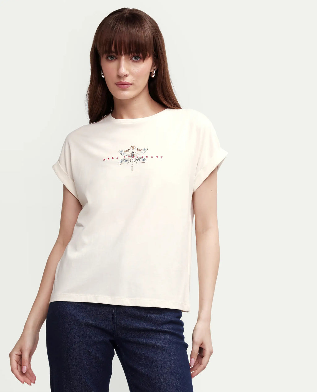 Rareism Women's Zucy Off White Cotton Blend Half Sleeve Relaxed Fit Digital Print T-Shirt