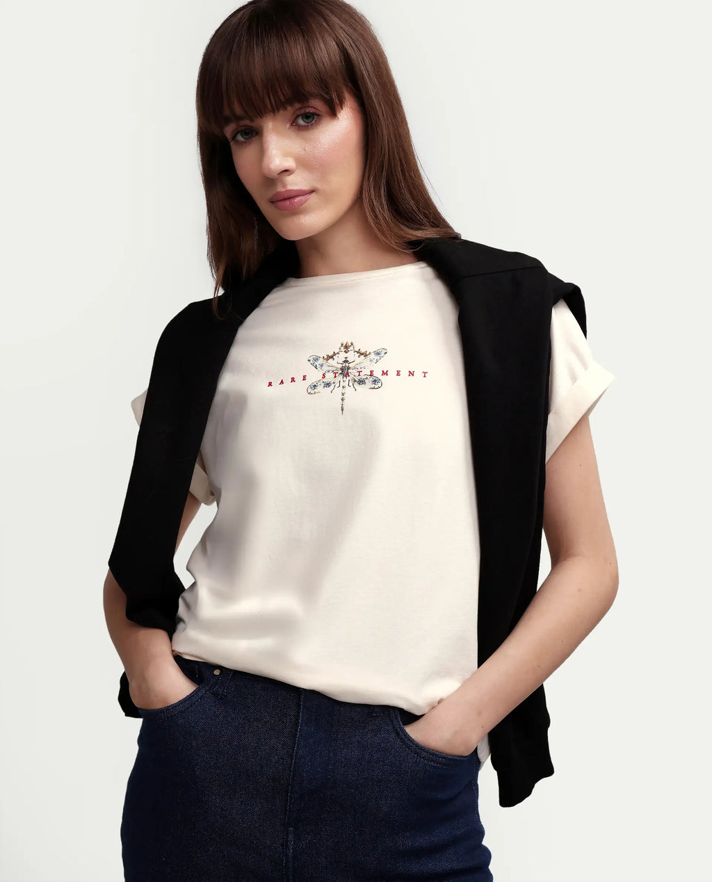Rareism Women's Zucy Off White Cotton Blend Half Sleeve Relaxed Fit Digital Print T-Shirt