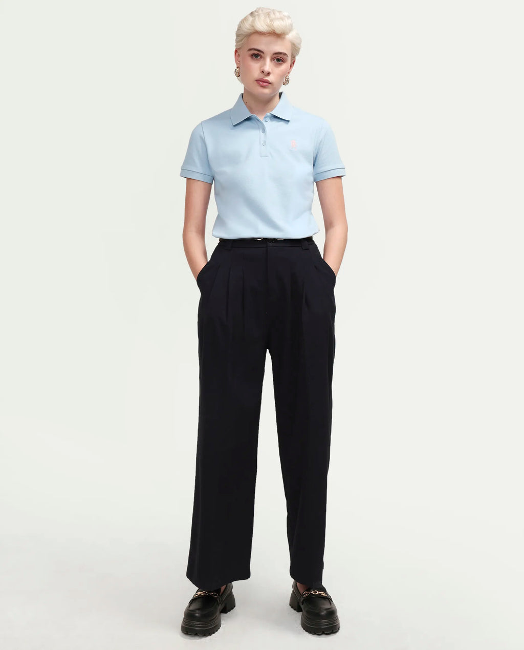 Rareism Women's Zonrad Light Blue Cotton Blend Half Sleeve Regular Fit Plain Polo