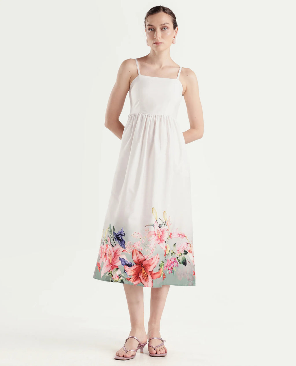 Rareism Women's Agate Off White Cotton Sleeveless Fit And Flare Printed Dress