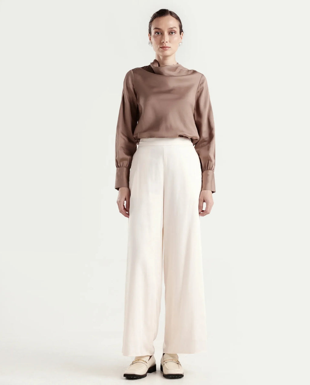 Rareism Women's Anina-B Beige Cotton Blend Flared Plain Trouser