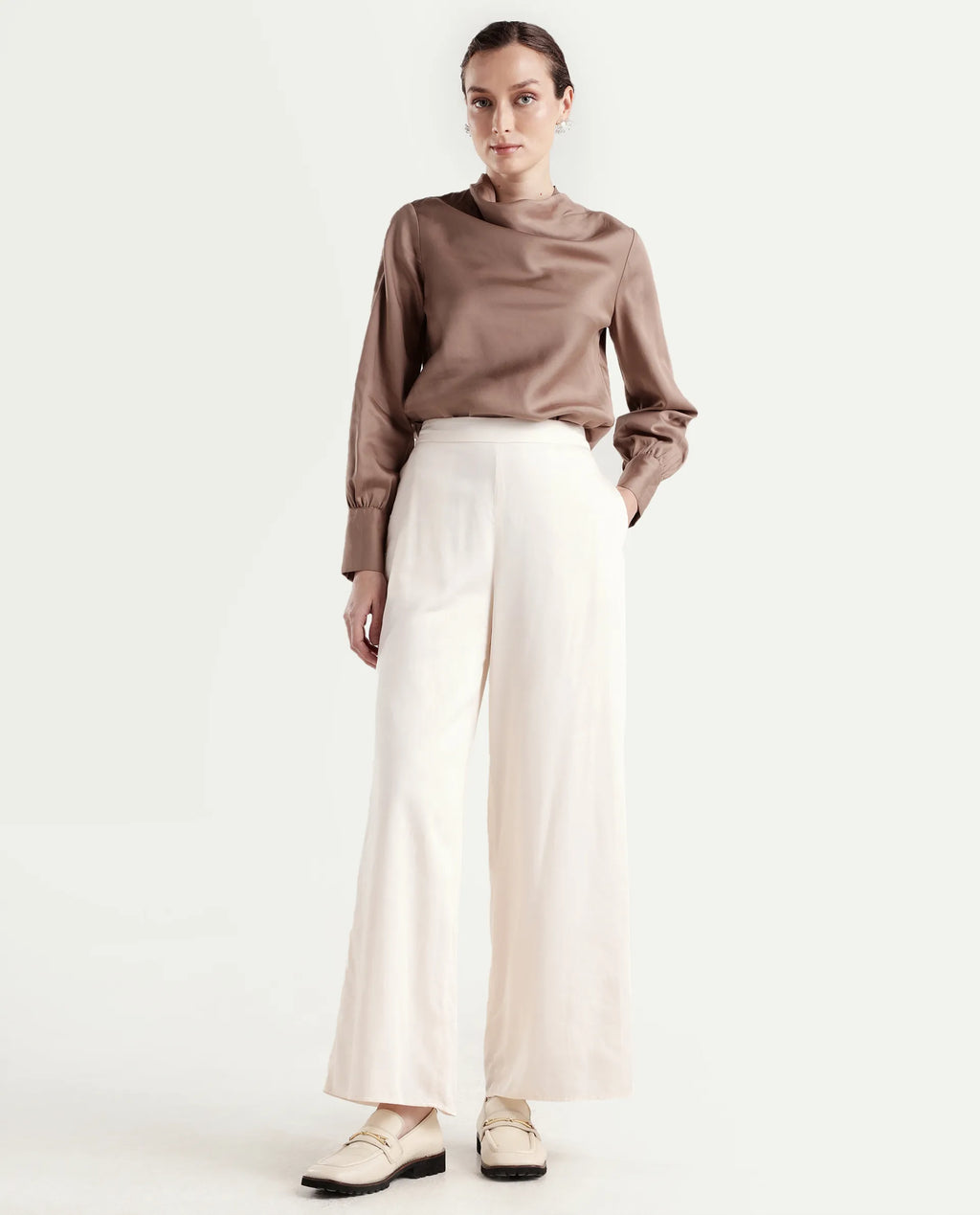 Rareism Women's Anina-B Beige Cotton Blend Flared Plain Trouser
