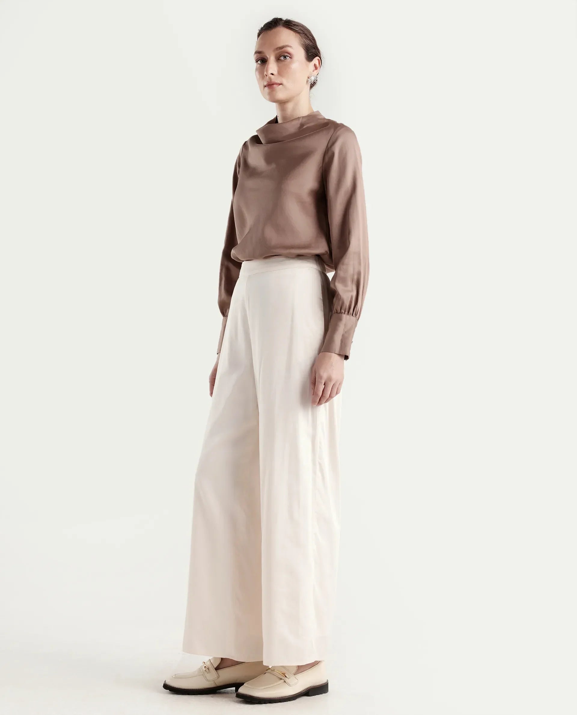 Rareism Women's Anina-B Beige Cotton Blend Flared Plain Trouser