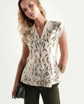 Rareism Women's Anina-T Beige Ornamental Print Cotton Blend Regular Fit Short Sleeves Top