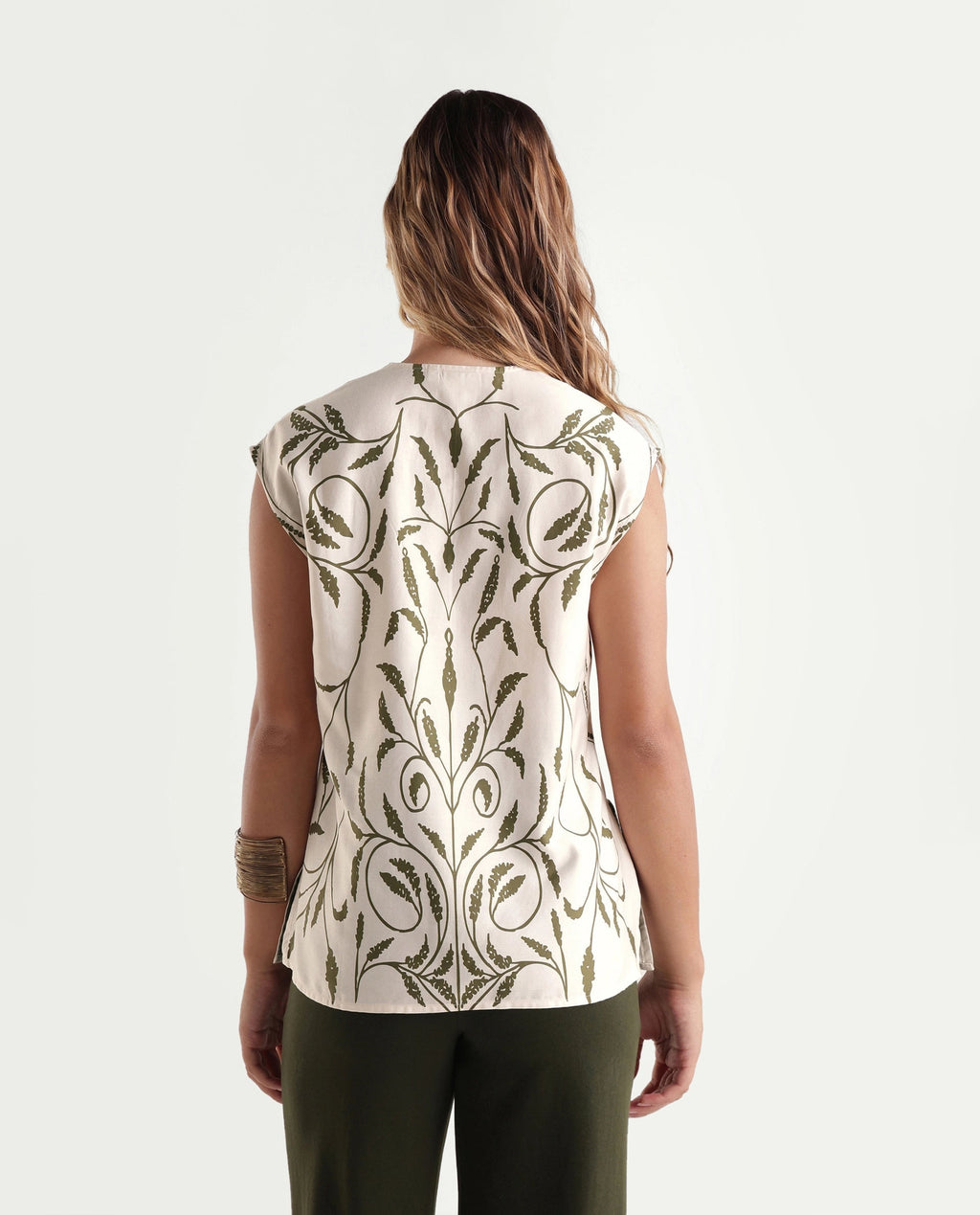 Rareism Women's Anina-T Beige Ornamental Print Cotton Blend Regular Fit Short Sleeves Top