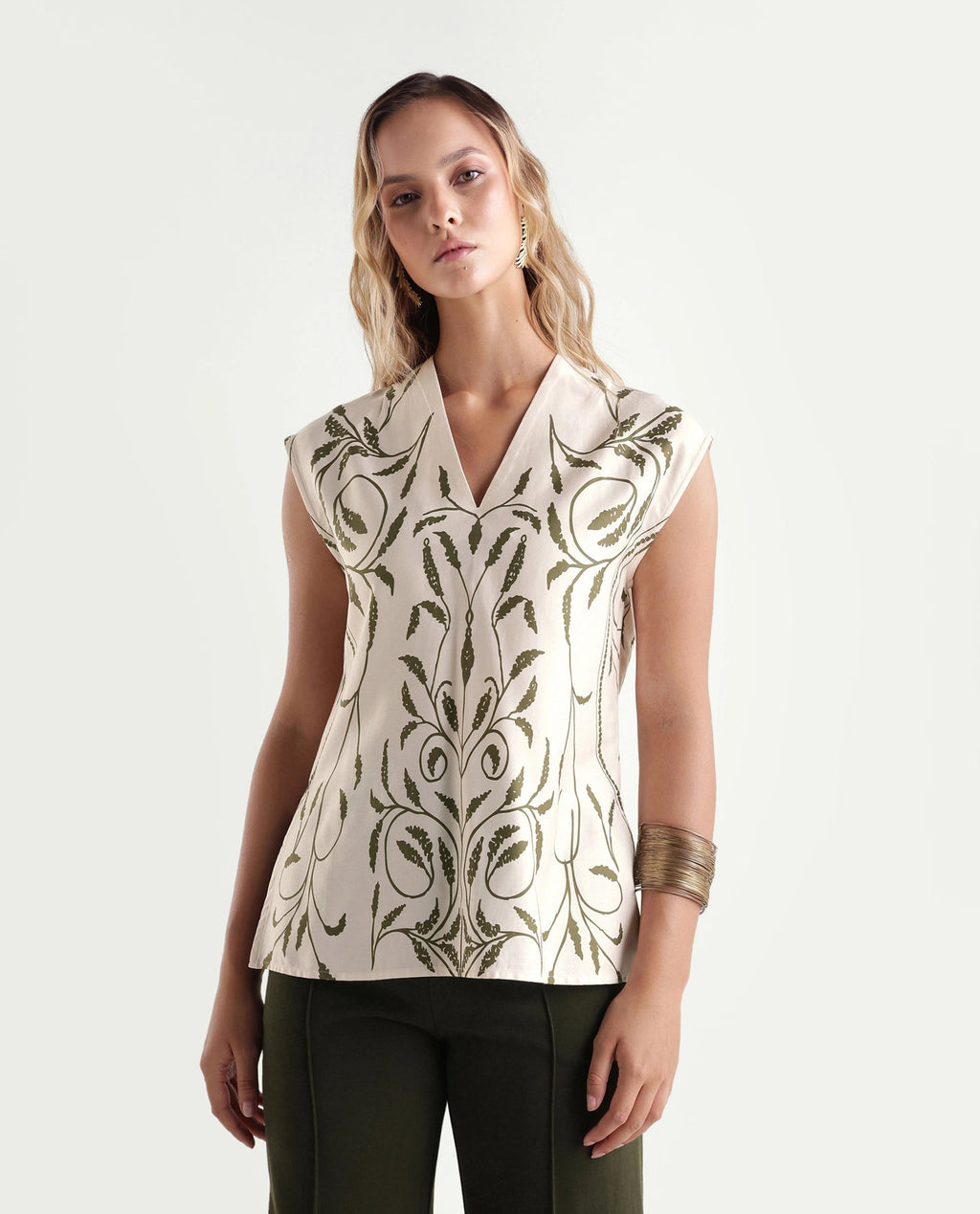 Rareism Women's Anina-T Beige Ornamental Print Cotton Blend Regular Fit Short Sleeves Top