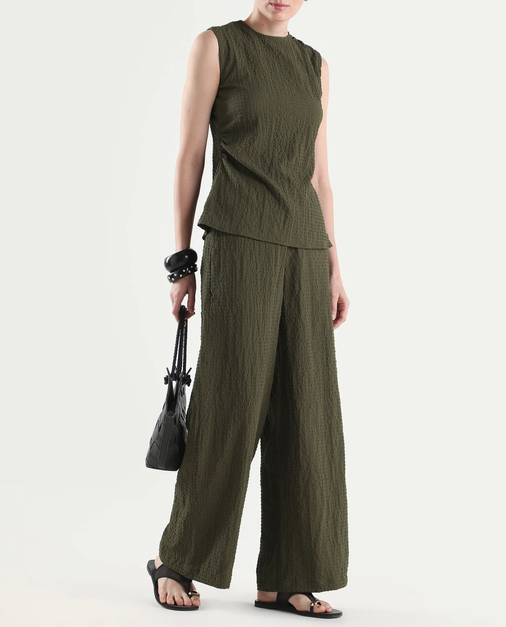 Rareism Women's Arrix-B Olive Polyester Wide Plain Trouser