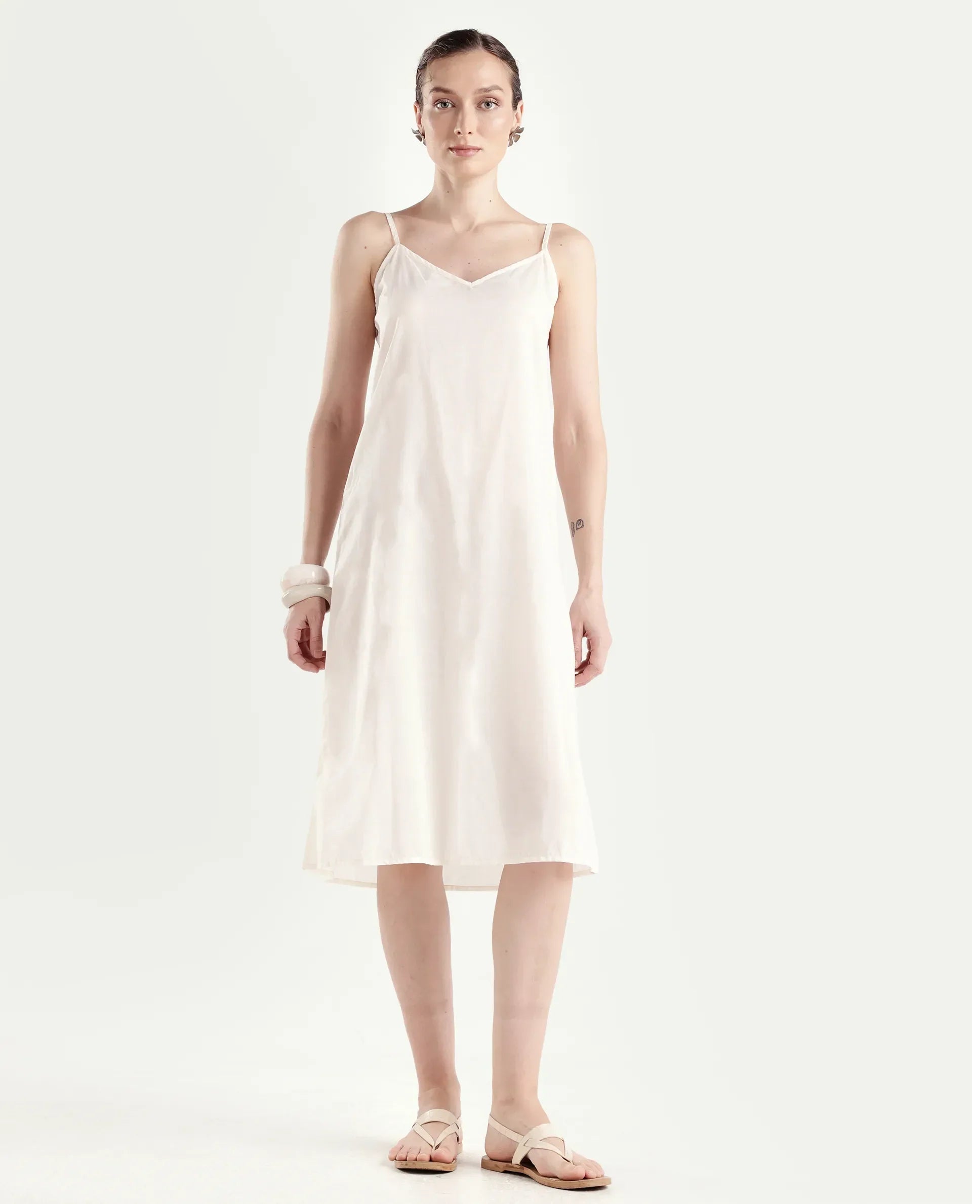 Rareism Women's Ater Beige Cotton Half Sleeve A-Line Plain Dress