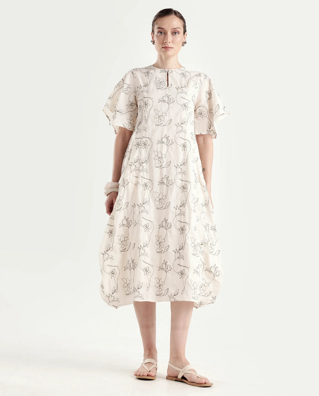 Rareism Women's Ater Beige Cotton Half Sleeve A-Line Plain Dress