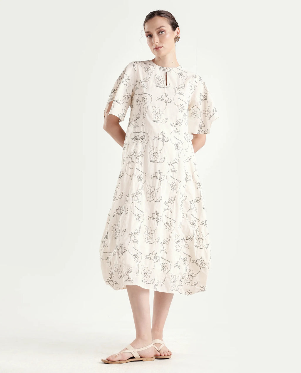 Rareism Women's Ater Beige Cotton Half Sleeve A-Line Plain Dress