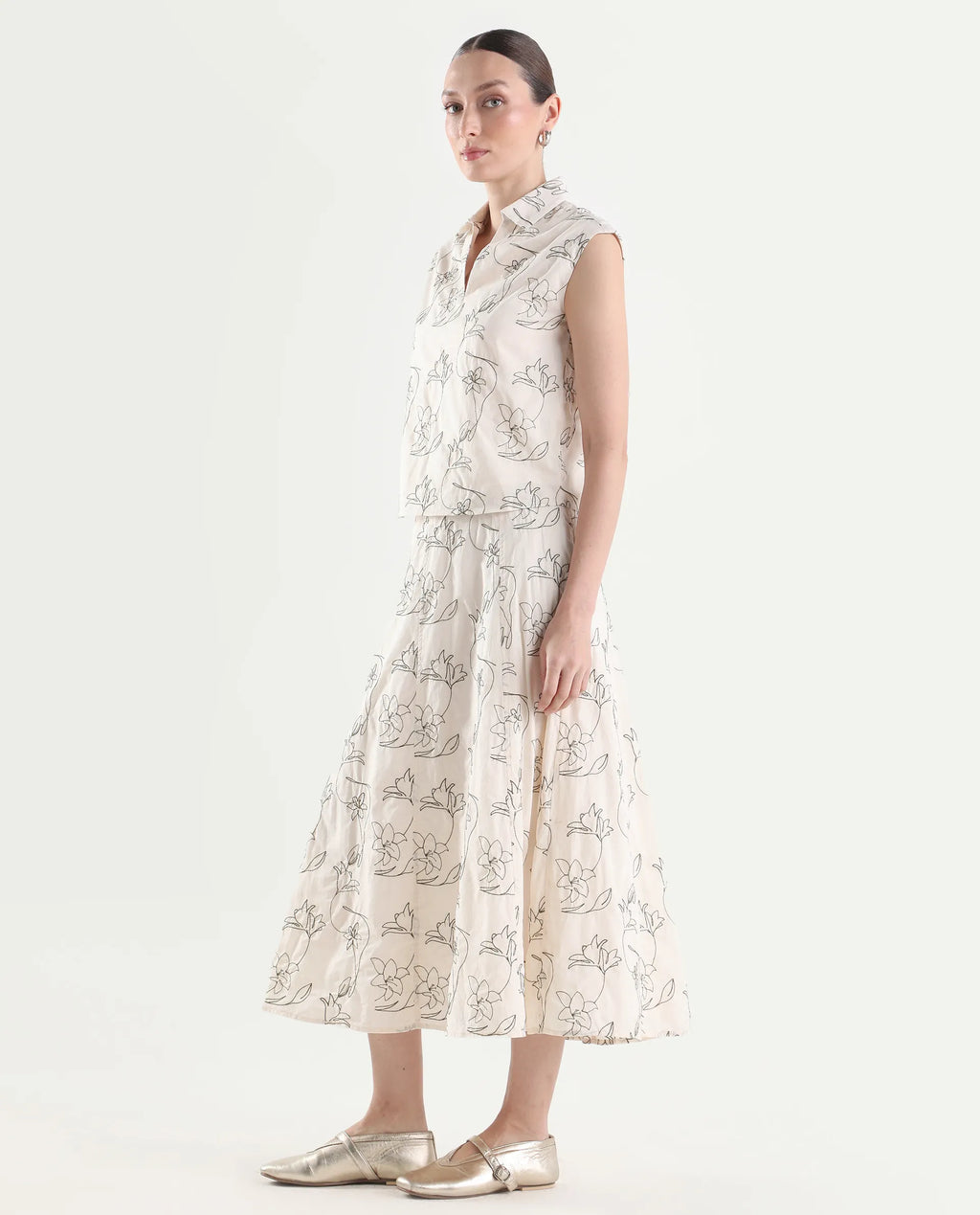 Rareism Women's Ateri-B Beige Cotton A-Line Embroidered Skirt