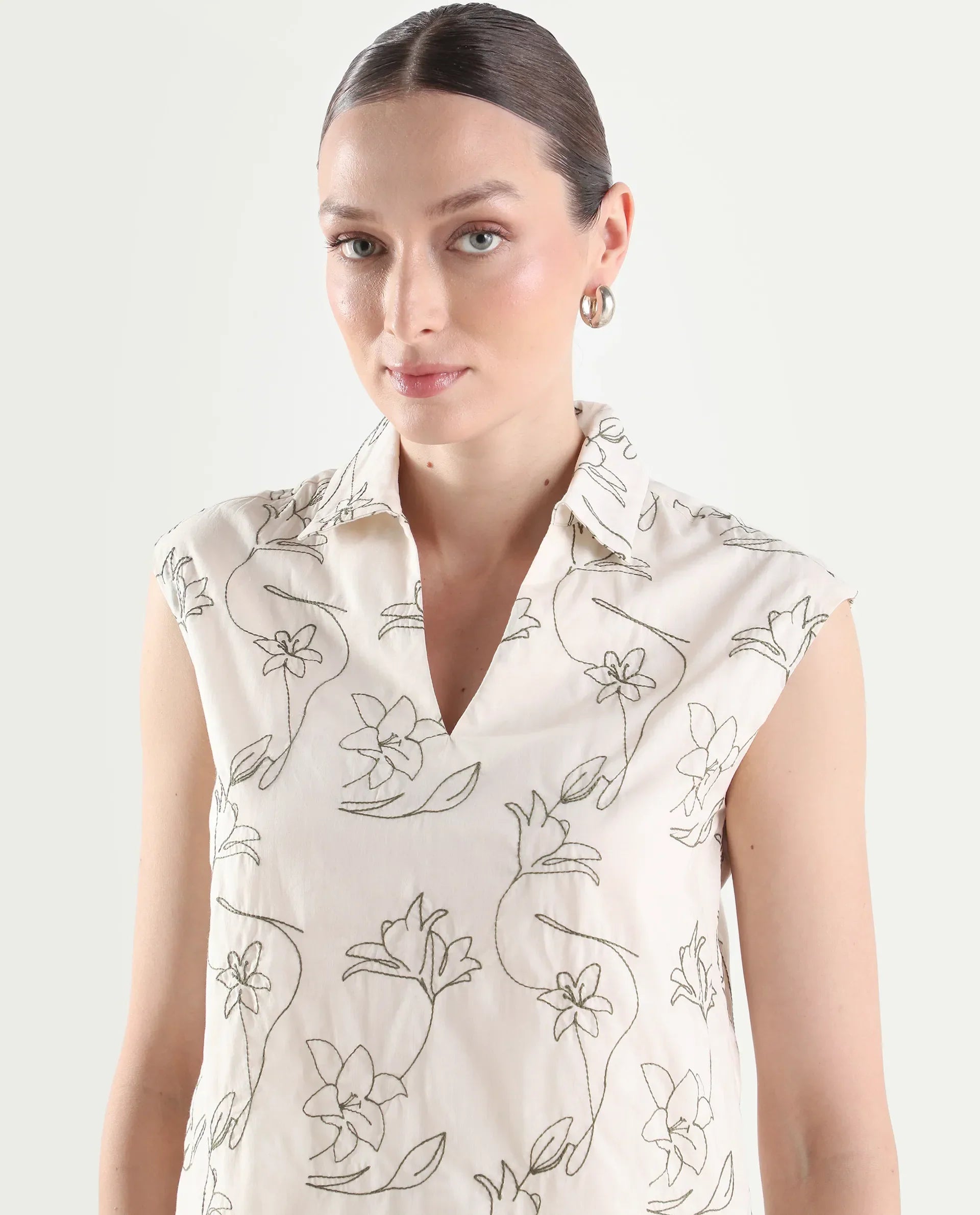 Rareism Women's Ateri-T Beige Cotton Half Sleeve Regular Fit Plain Top