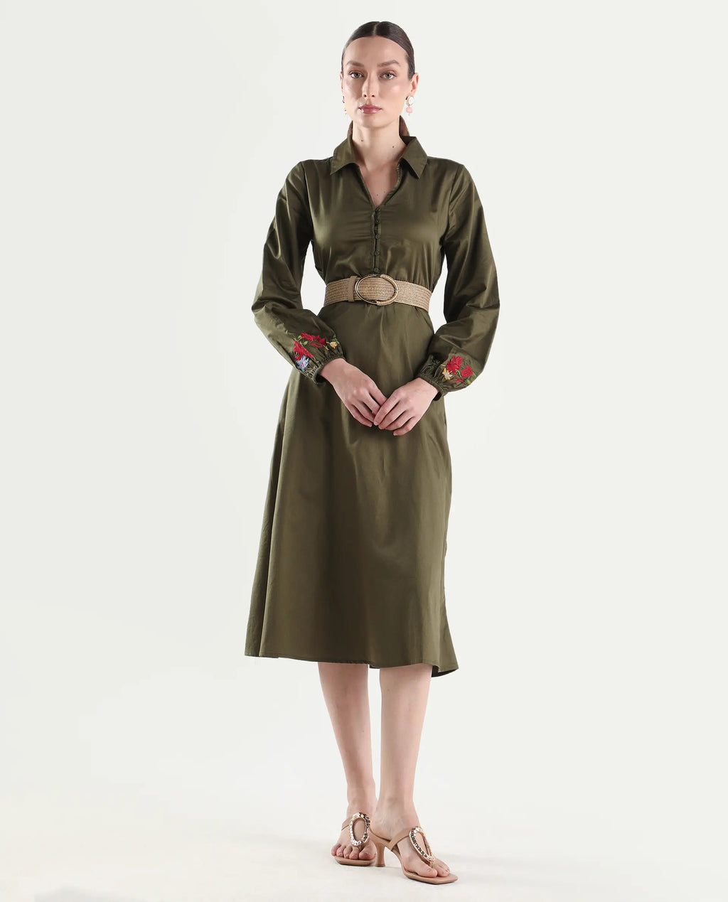 Rareism Women's Avaci Olive Cotton Full Sleeve Fit And Flare Plain Dress