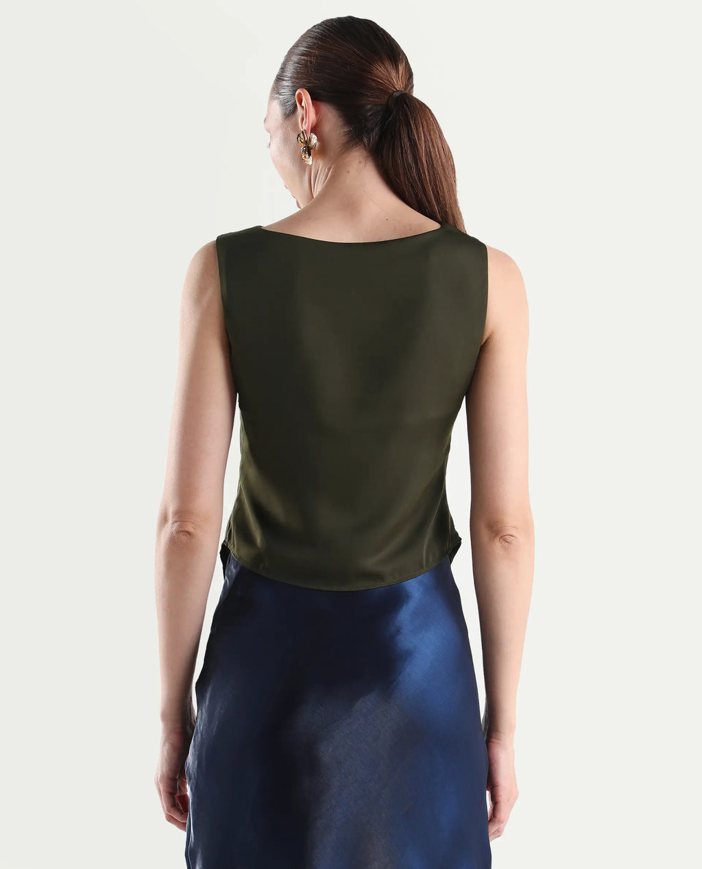 Rareism Women's Avini Olive Polyester Sleeveless Fitted Plain Top