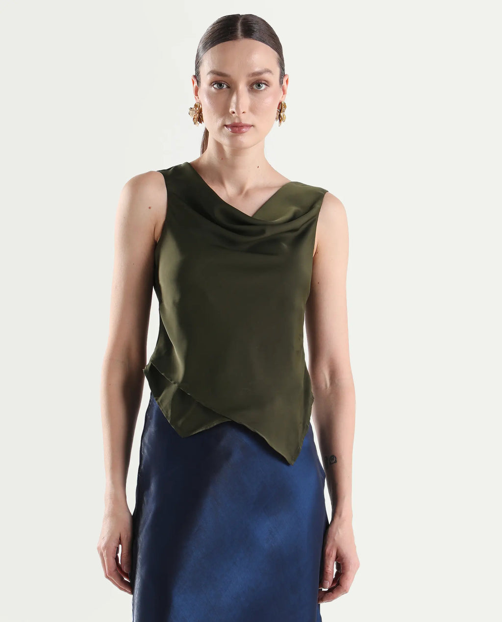 Rareism Women's Avini Olive Polyester Sleeveless Fitted Plain Top