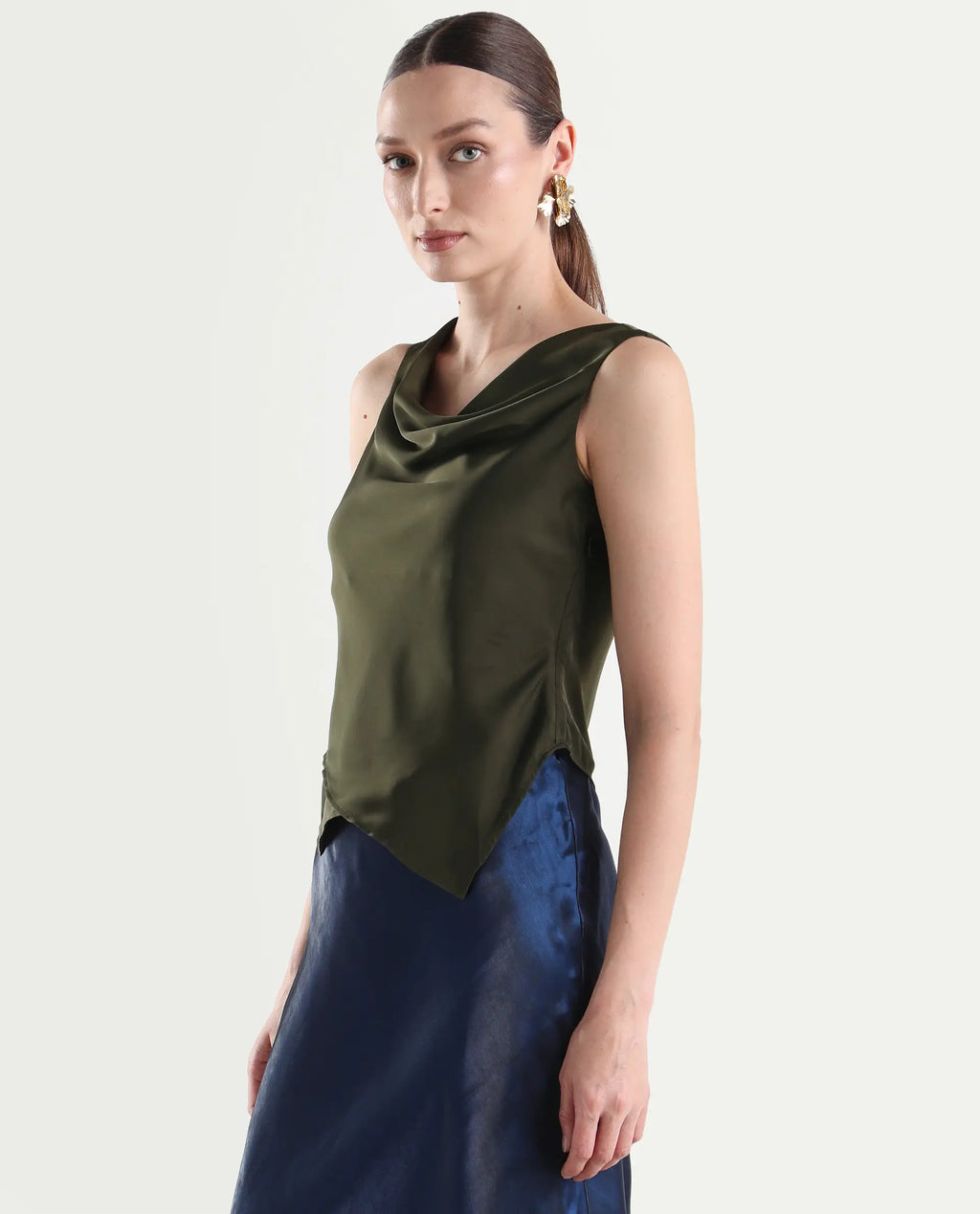 Rareism Women's Avini Olive Polyester Sleeveless Fitted Plain Top