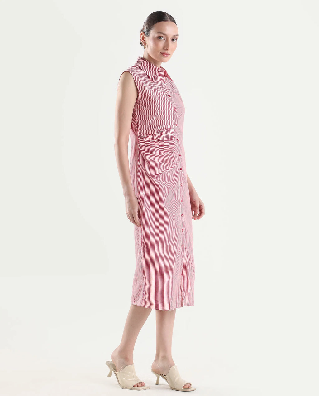 Rareism Women's Avoca Red Cotton Half Sleeve Fitted Striped Dresas