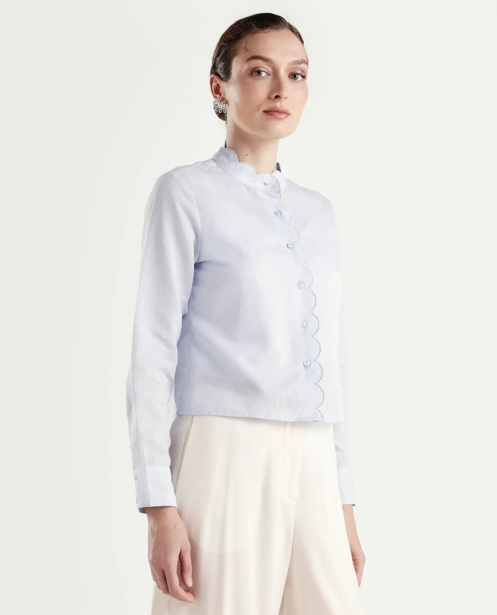 Rareism Women's Azali Light Blue Linen Blend Full Sleeve Regular Fit Plain Shirt