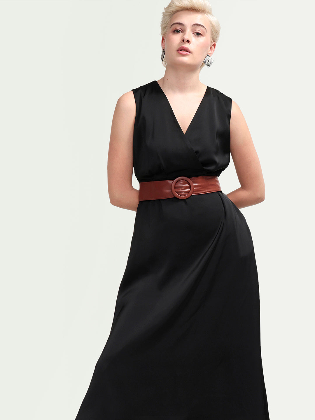 Rareism Women's Calen Black Polyester Sleeveless A-Line Plain Dress