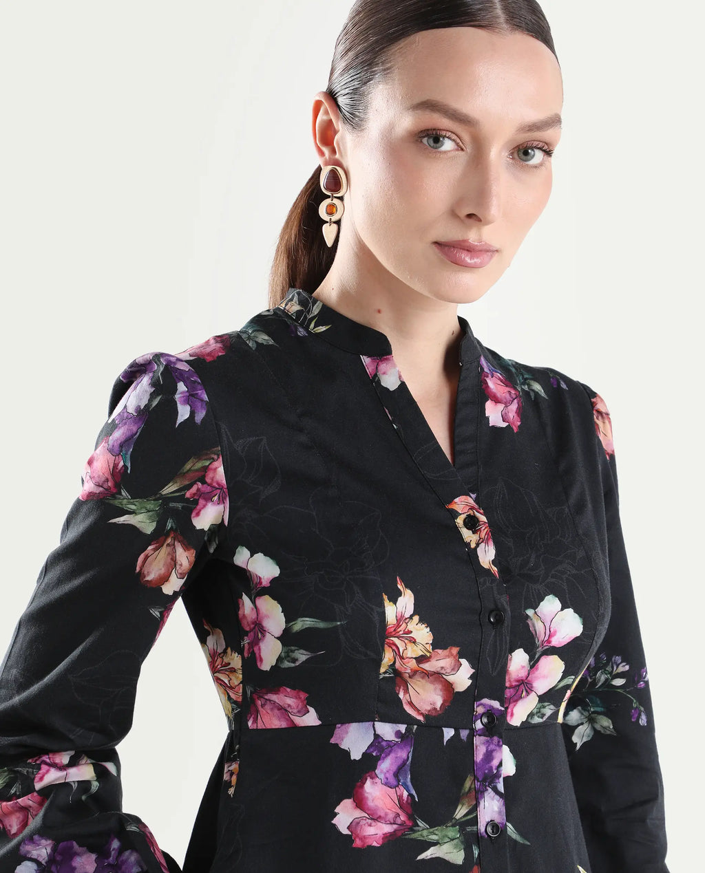 Rareism Women's Calin Black Cotton Full Sleeve A-Line Floral Print Dress