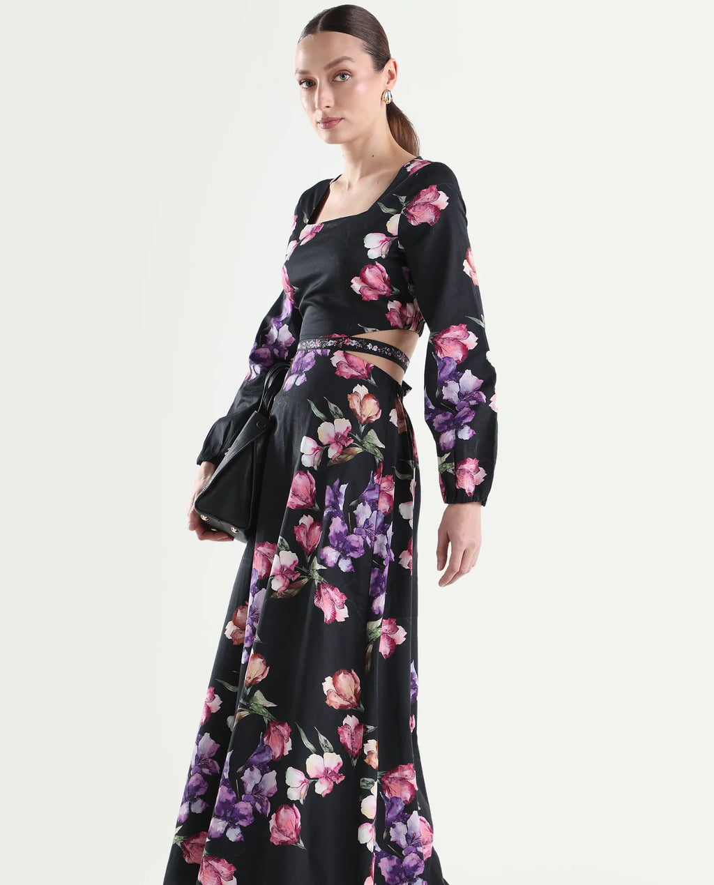 Rareism Women's Cally Black Cotton Full Sleeve Fit And Flare Floral Print Dress