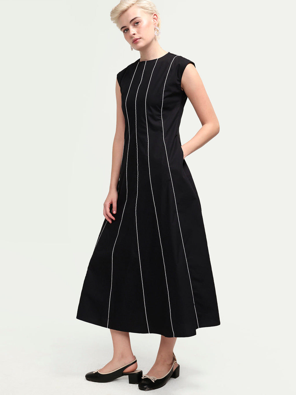 Rareism Women's Celia Black Cotton Sleeveless A-Line Plain Dress