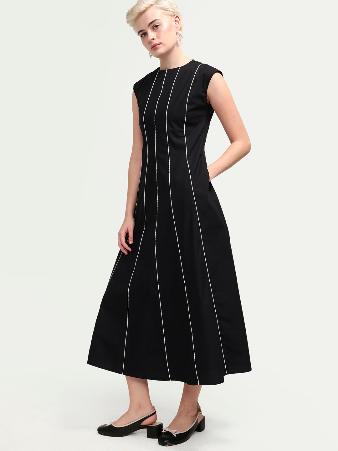 Rareism Women's Celia Black Cotton Sleeveless A-Line Plain Dress