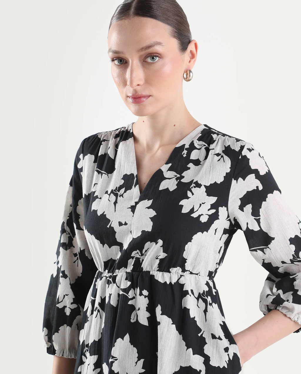 Rareism Women's Cezar Black Cotton 3/4Th Sleeve Flared Printed Dress