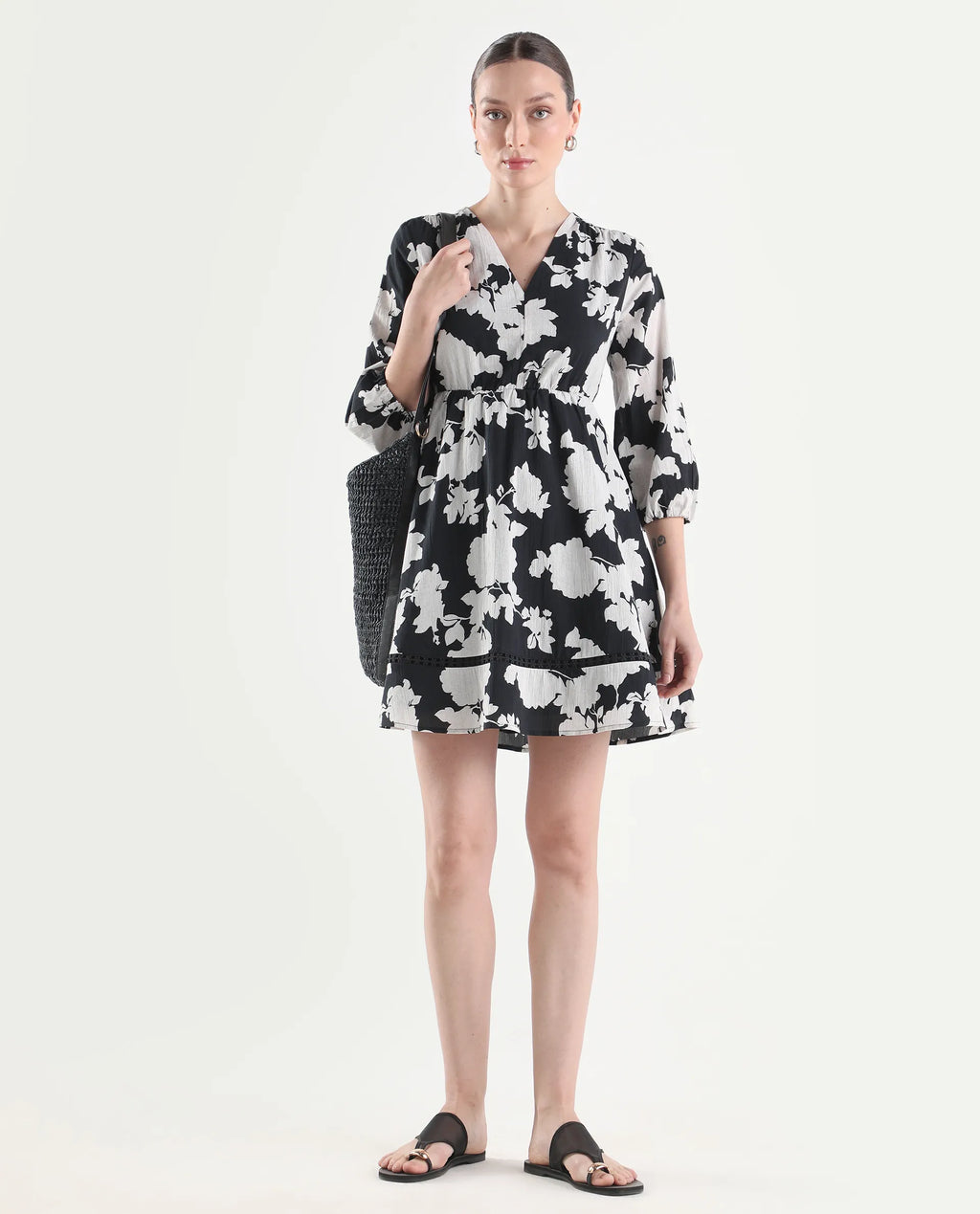 Rareism Women's Cezar Black Cotton 3/4Th Sleeve Flared Printed Dress