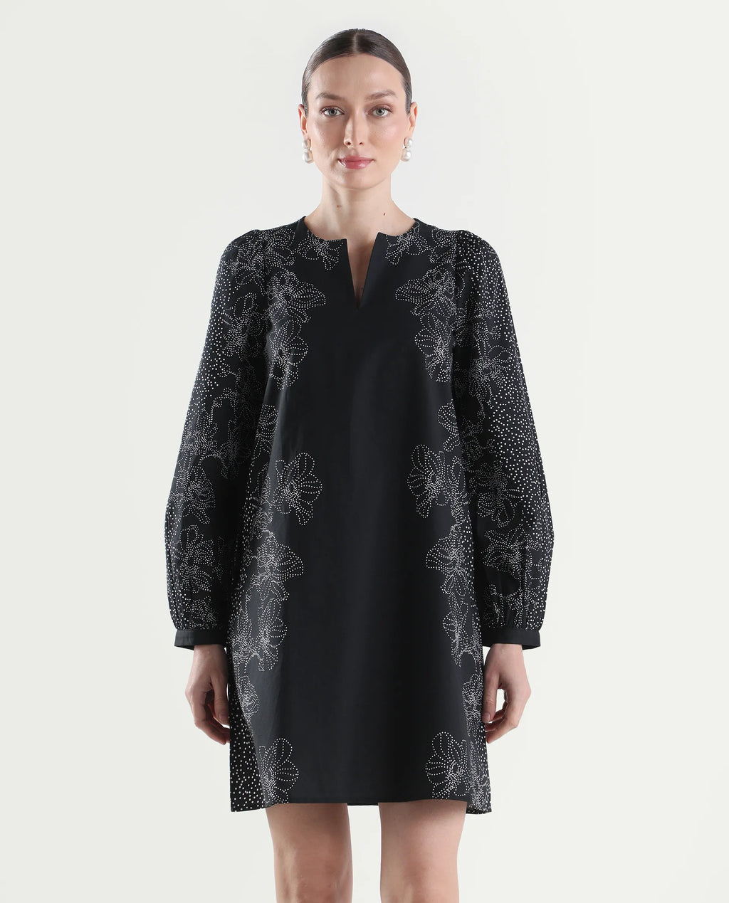 Rareism Women's Ciana Black Cotton Full Sleeve Relaxed Fit Floral Print Dress