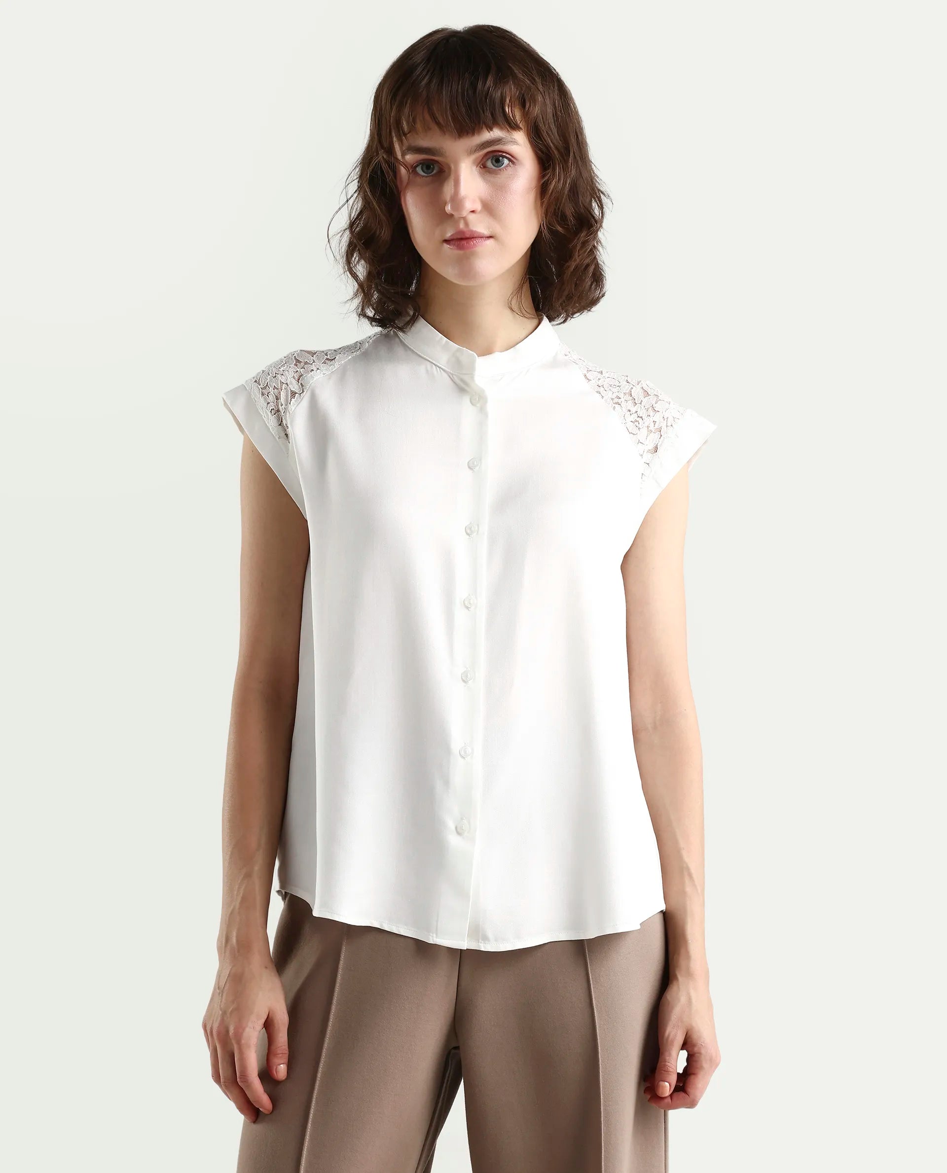 Rareism Women's Cida Off White Viscose Blend Half Sleeve Regular Fit Plain Top