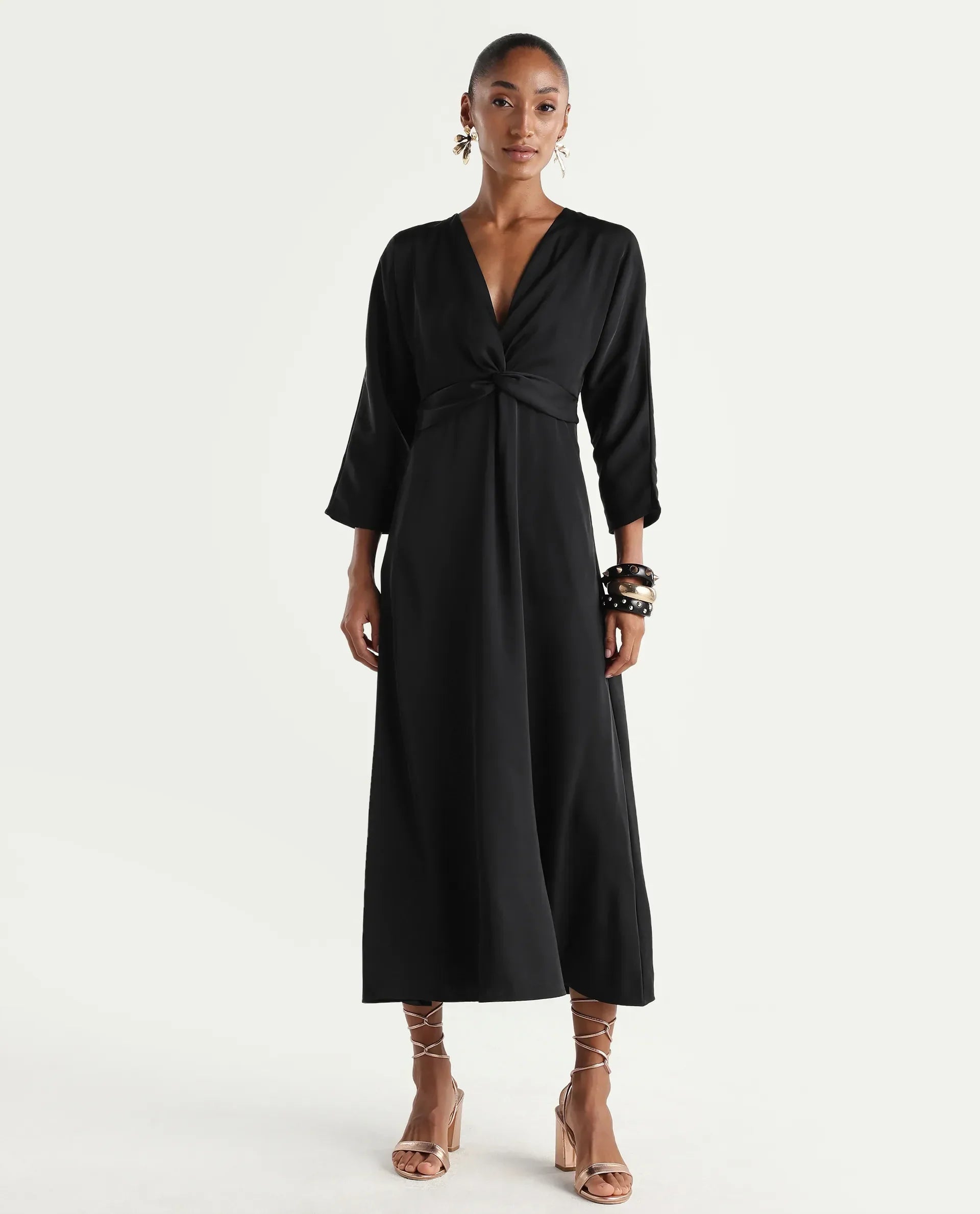 Rareism Women's Cleah Black Polyester 3/4Th Sleeve Flared Plain Dress