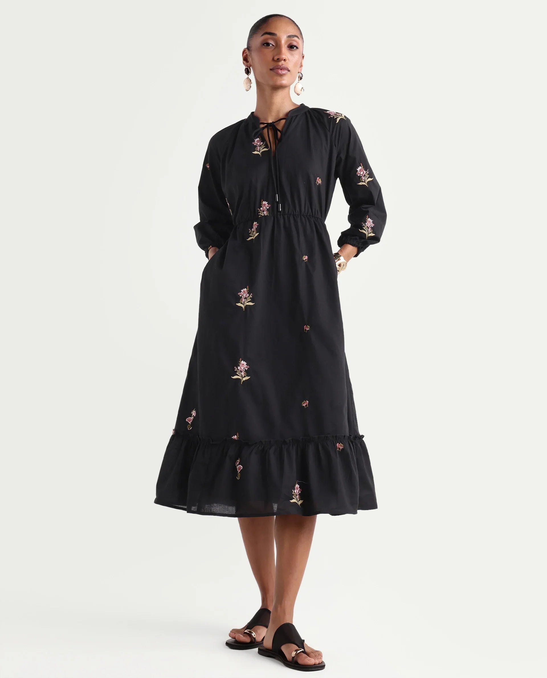 Rareism Women's Cyndin Black Viscose Blend Tie-Up Fit And Flare Plain Dress