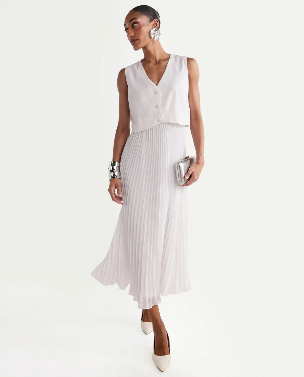Rareism Women's Mace Off White Cotton Blend Sleeveless V-Neck A-Line Dress