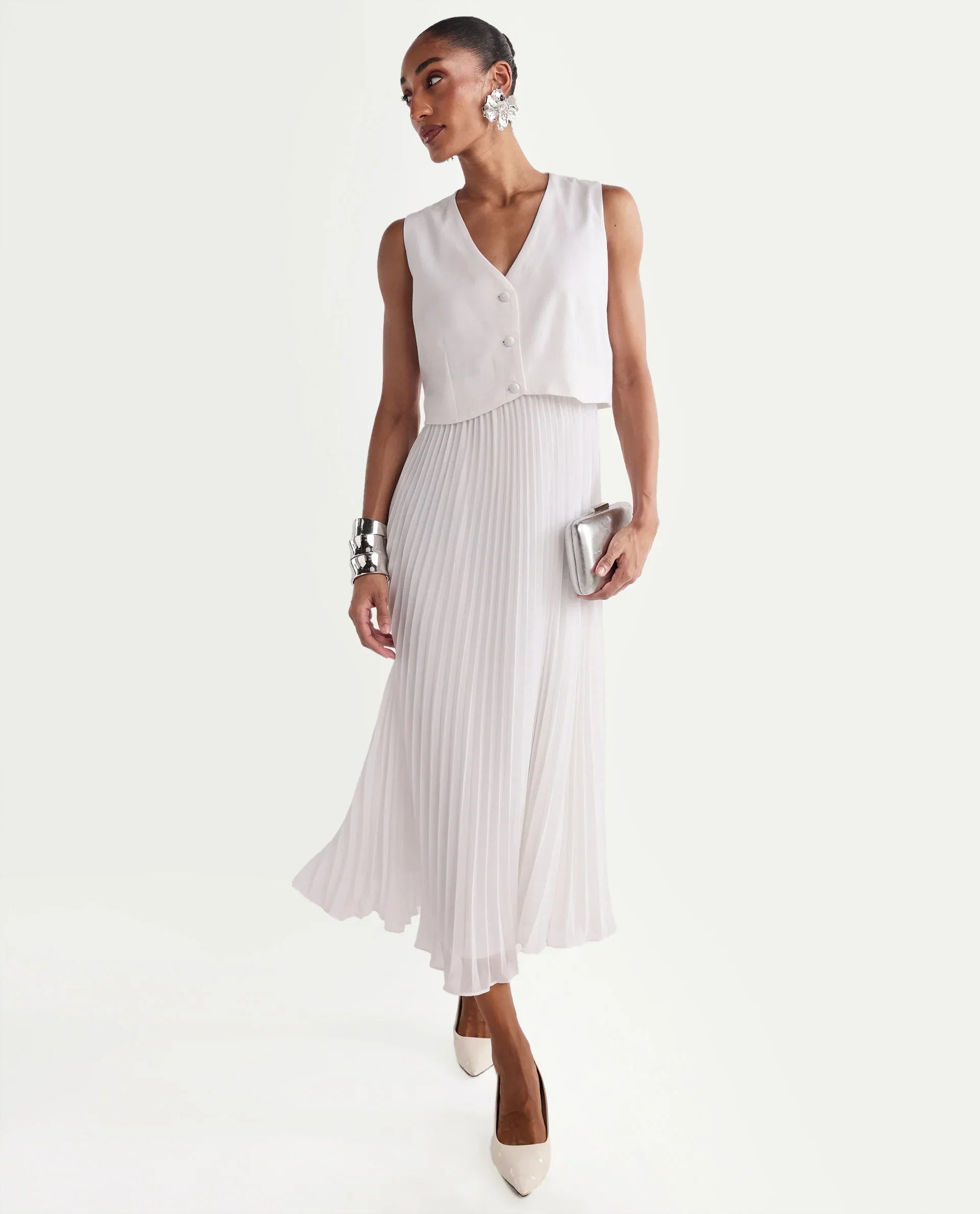 Rareism Women's Mace Off White Cotton Blend Sleeveless V-Neck A-Line Dress