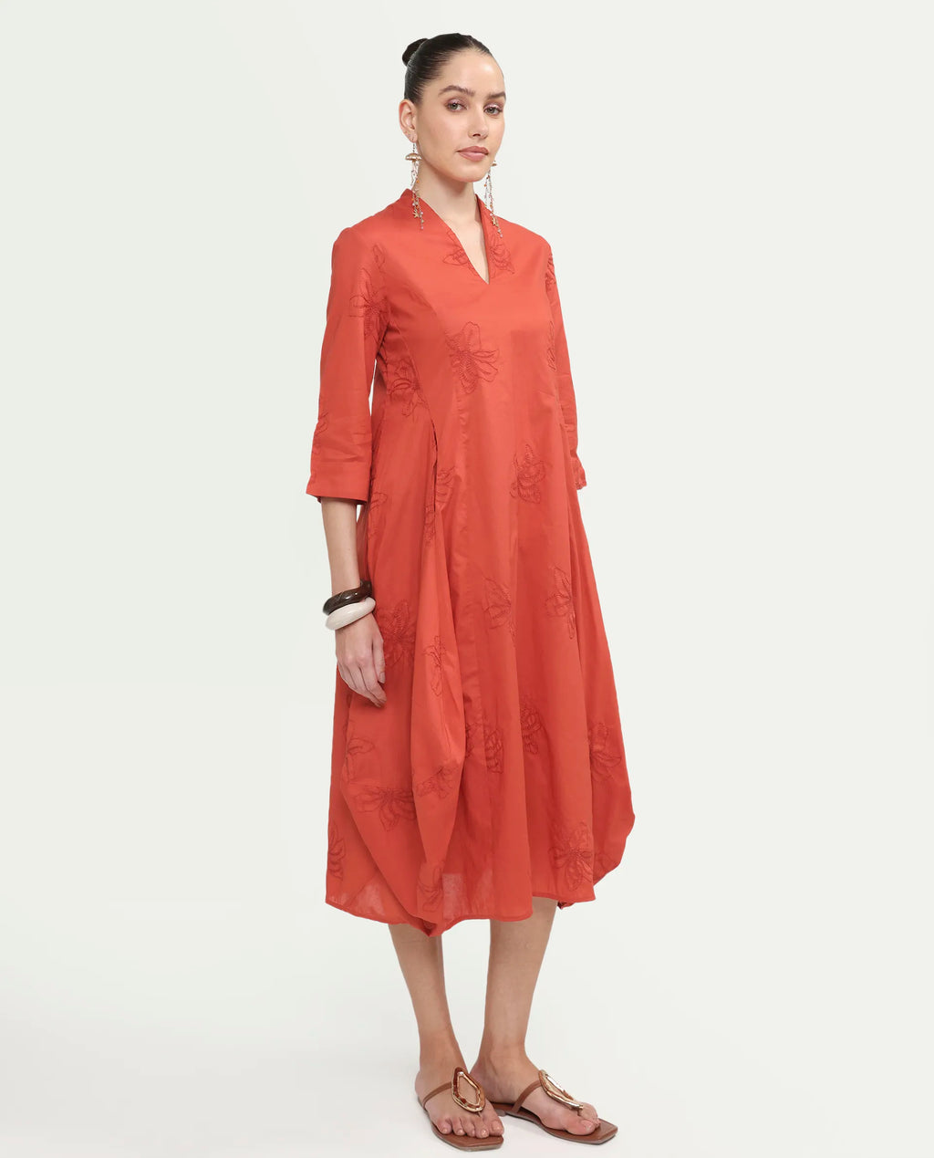 Rareism Women's Marky Rust Cotton 3/4Th Sleeve V-Neck Relaxed Embroidered Dress