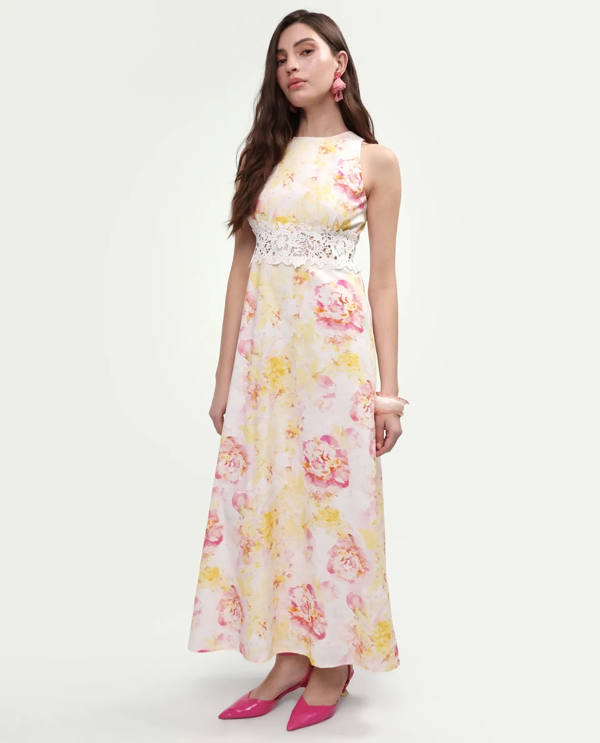 Rareism Women's Mavi Multi Cotton Sleeveless Crew Neck A-Line Floral Print Dress