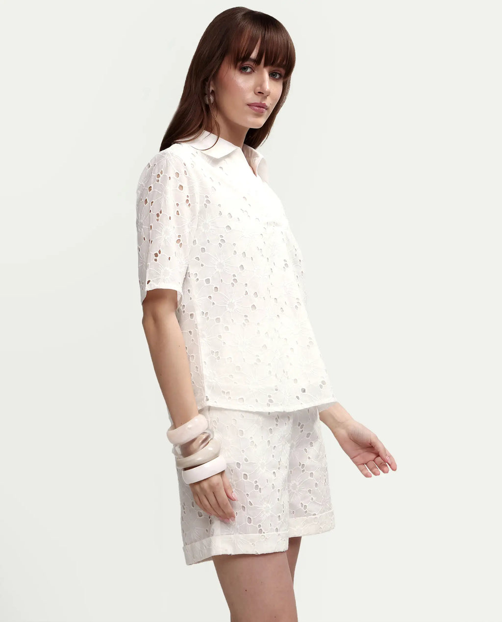 Rareism Women's Mazi-T Off White Cotton Half Sleeve Jonny Collar Regular Top