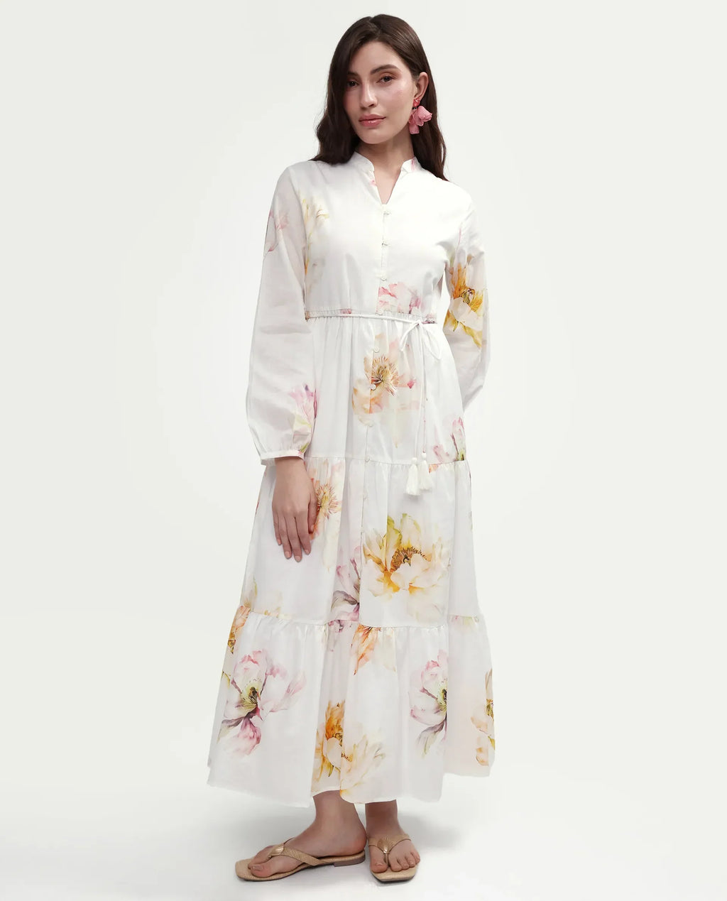 Rareism Women's Mehik Off White Cotton Full Sleeve Mandarin Collar Tiered Floral Print Dress