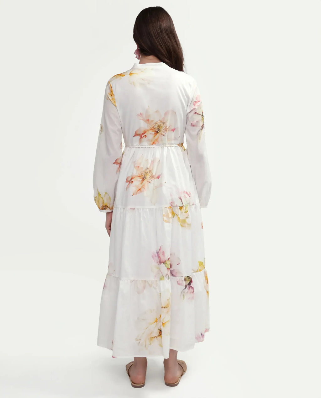 Rareism Women's Mehik Off White Cotton Full Sleeve Mandarin Collar Tiered Floral Print Dress