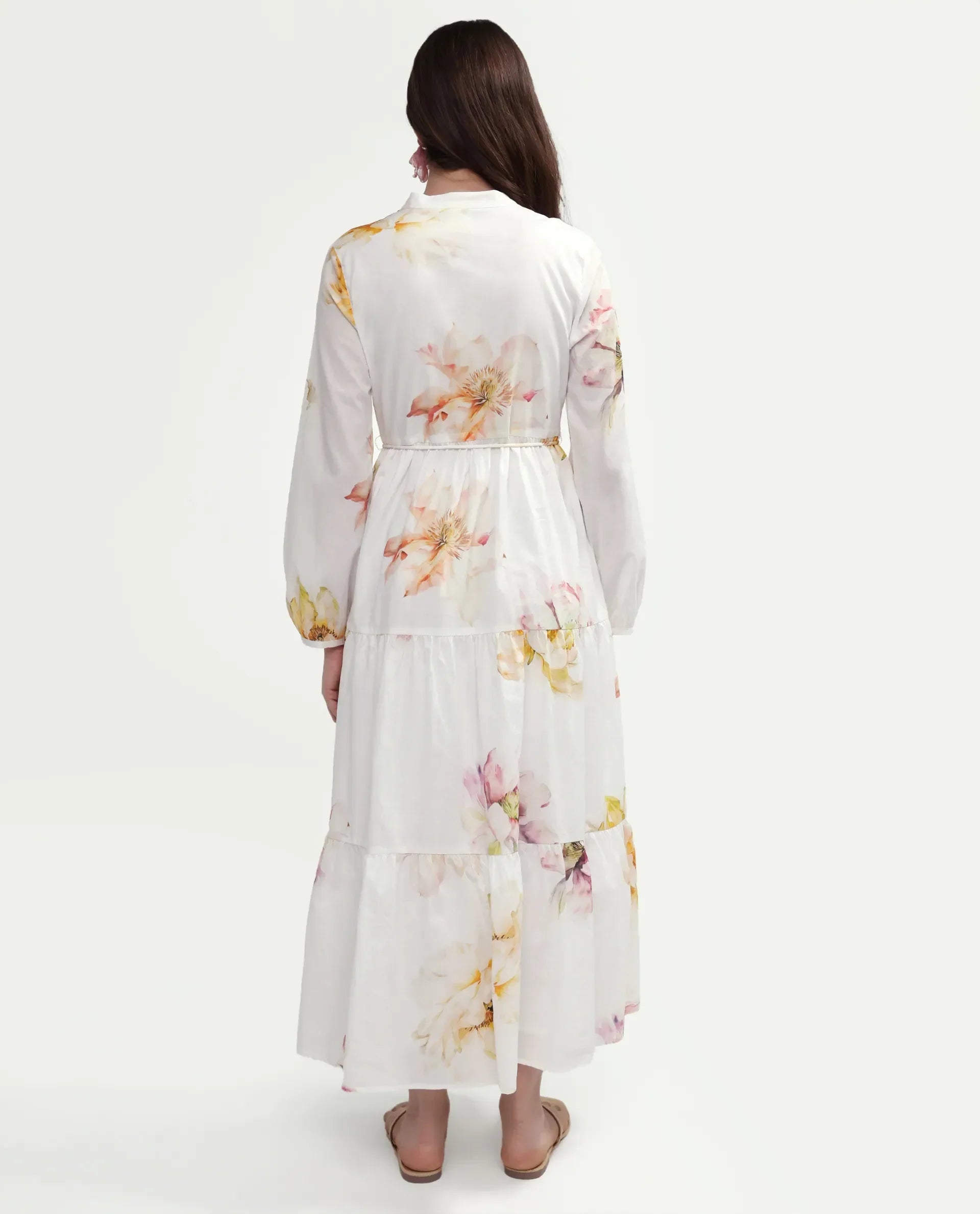 Rareism Women's Mehik Off White Cotton Full Sleeve Mandarin Collar Tiered Floral Print Dress