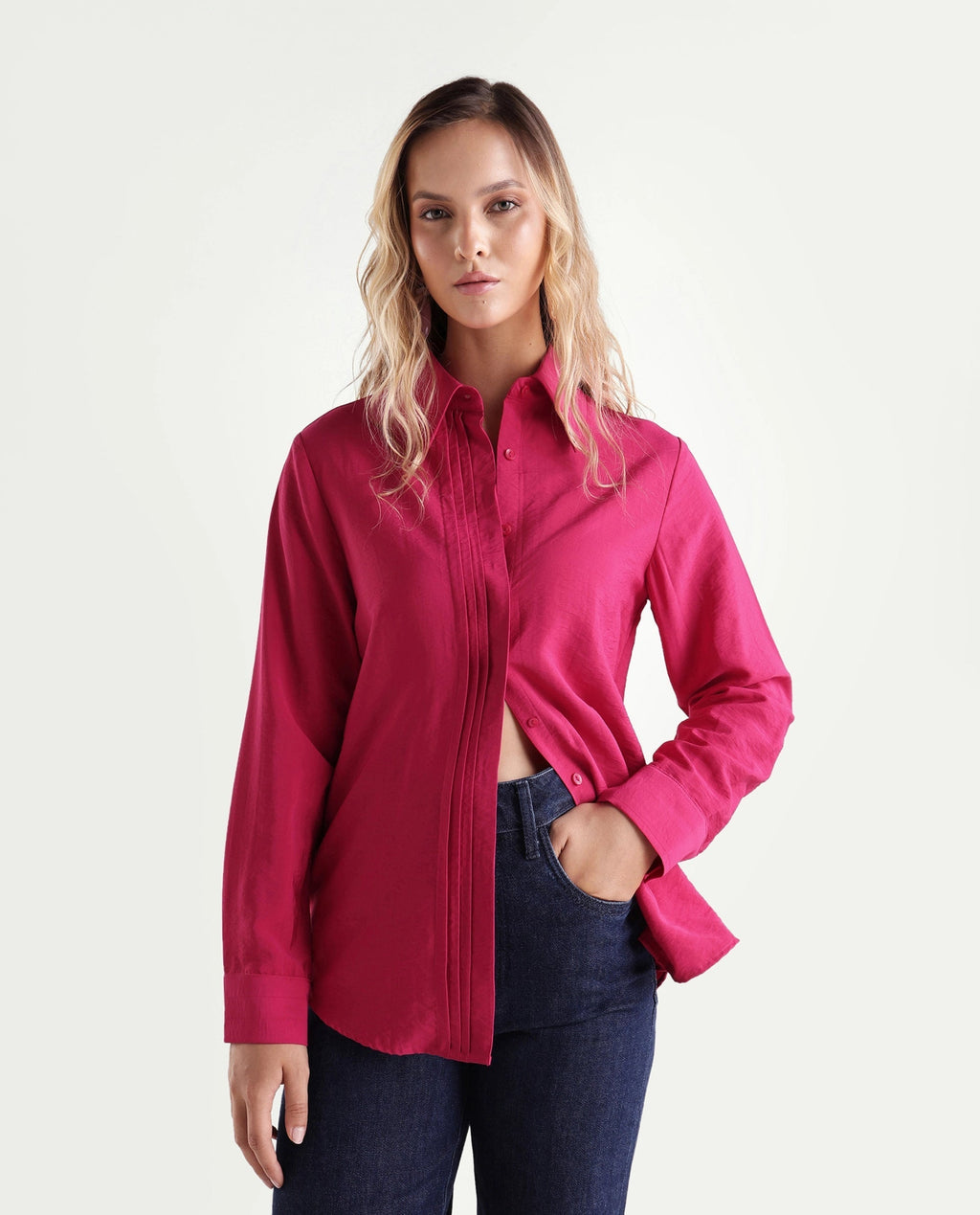 Rareism Women's Mibo Pink Plain Viscose Regular Full Sleeve Shirt